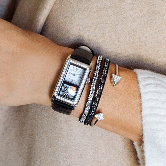 Origami Owl Signature Silver Locket WATCH Crystals Black Croc Leather Stainless - Picture 9 of 13